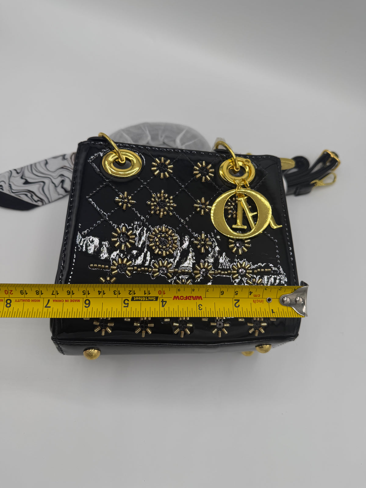Lady Dior-Inspired Patent Leather Handbag with Long Strap