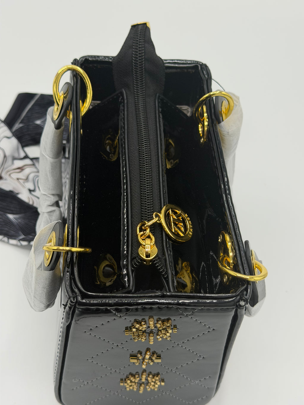 Lady Dior-Inspired Patent Leather Handbag with Long Strap