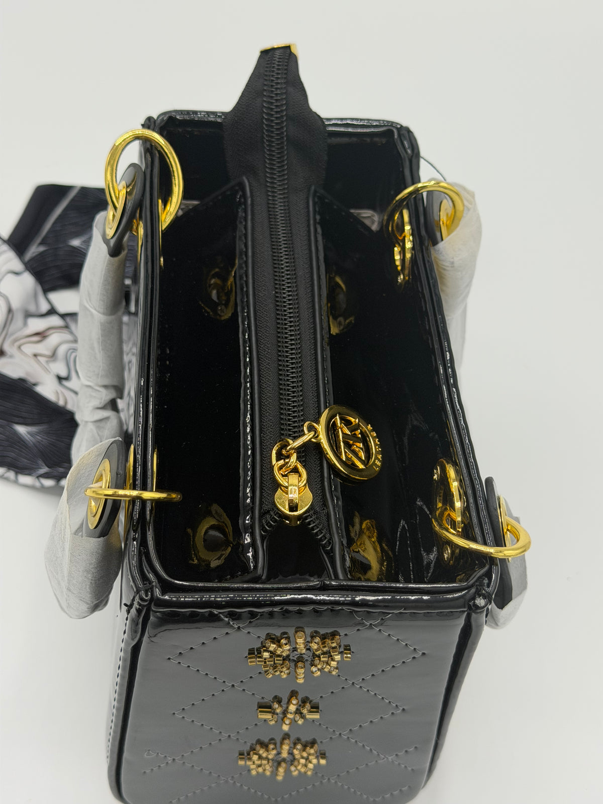 Lady Dior-Inspired Patent Leather Handbag with Long Strap