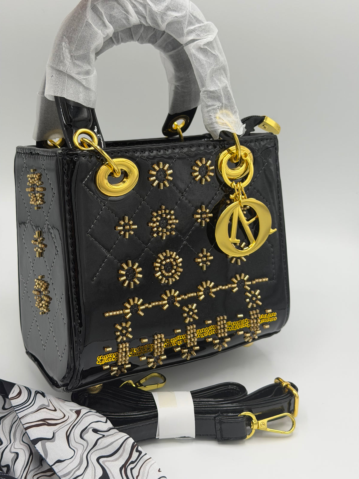 Lady Dior-Inspired Patent Leather Handbag with Long Strap