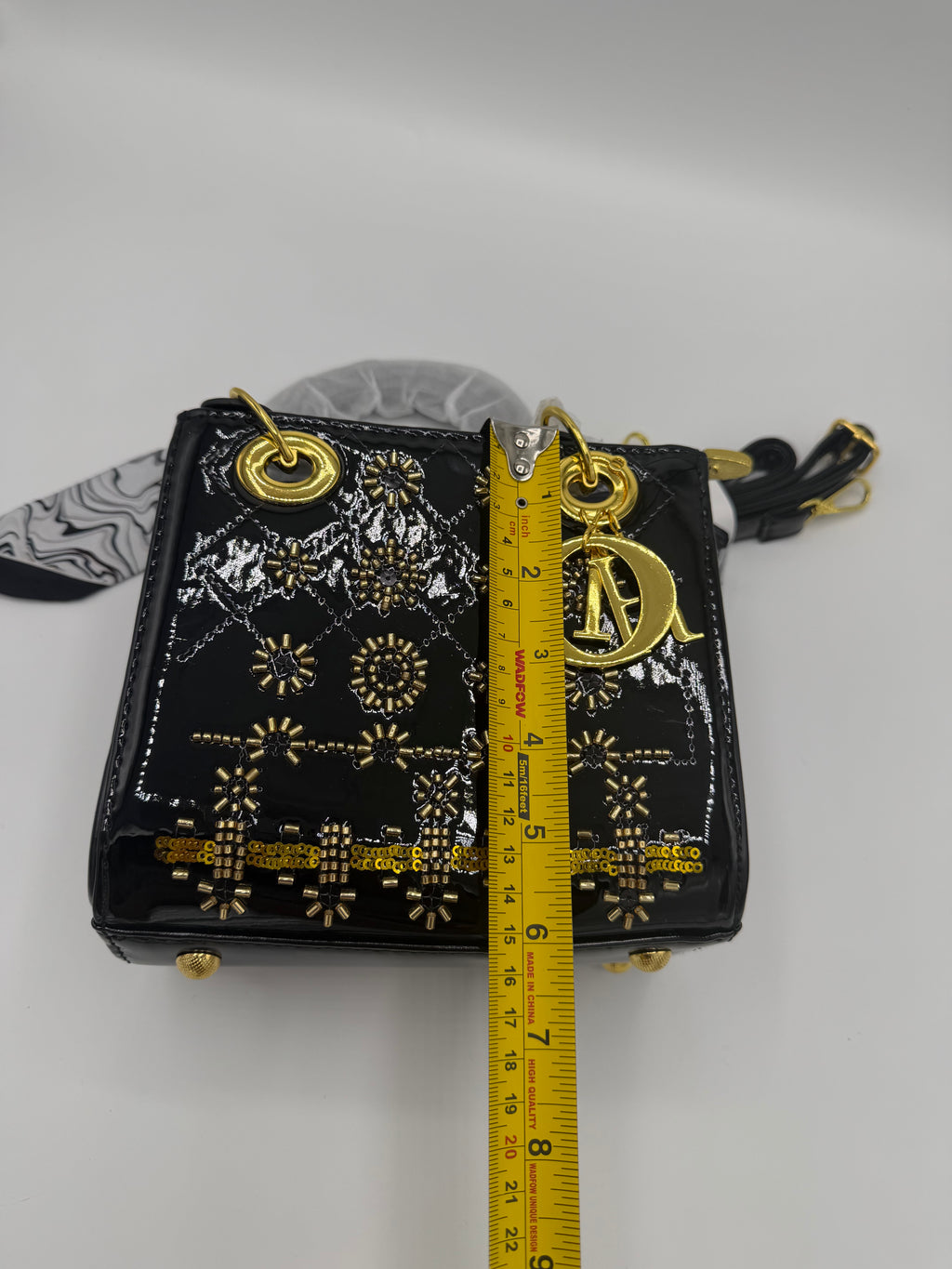 Lady Dior-Inspired Patent Leather Handbag with Long Strap